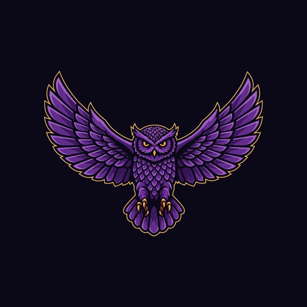 A powerful purple owl soars, wings spread wide, its gaze intense. Dark, dramatic, and captivating a symbol of wisdom and might vector