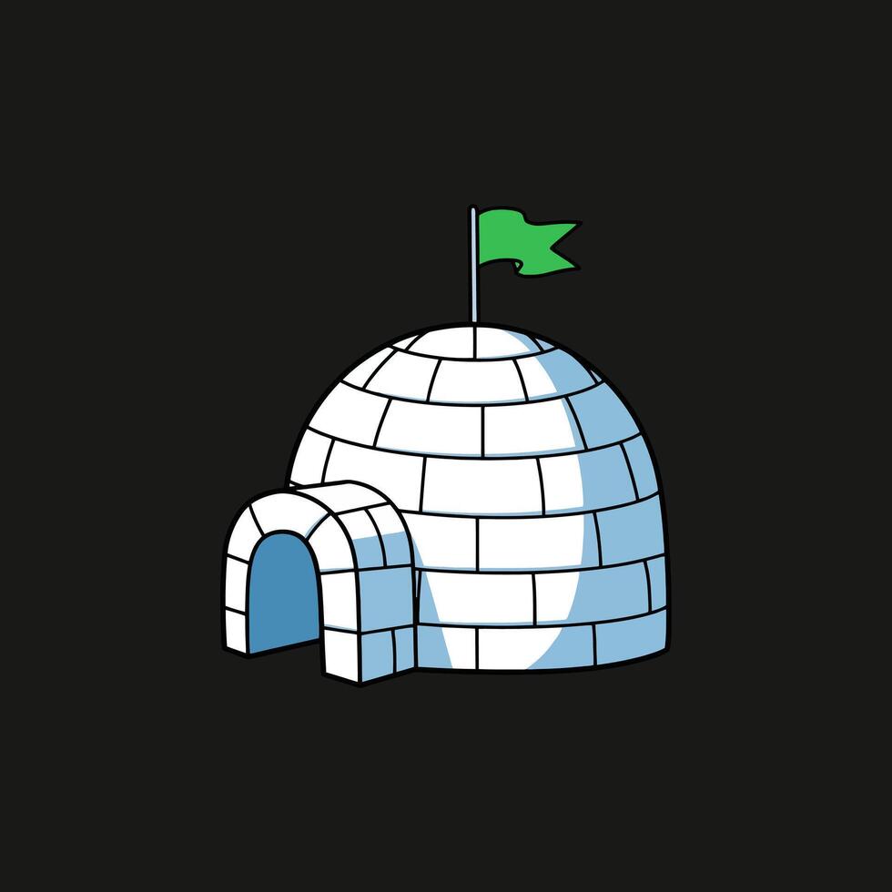 A charming cartoon igloo stands proudly, a tiny green flag atop its snow-white blocks. Simple, yet inviting, it evokes a sense of peaceful isolation. vector