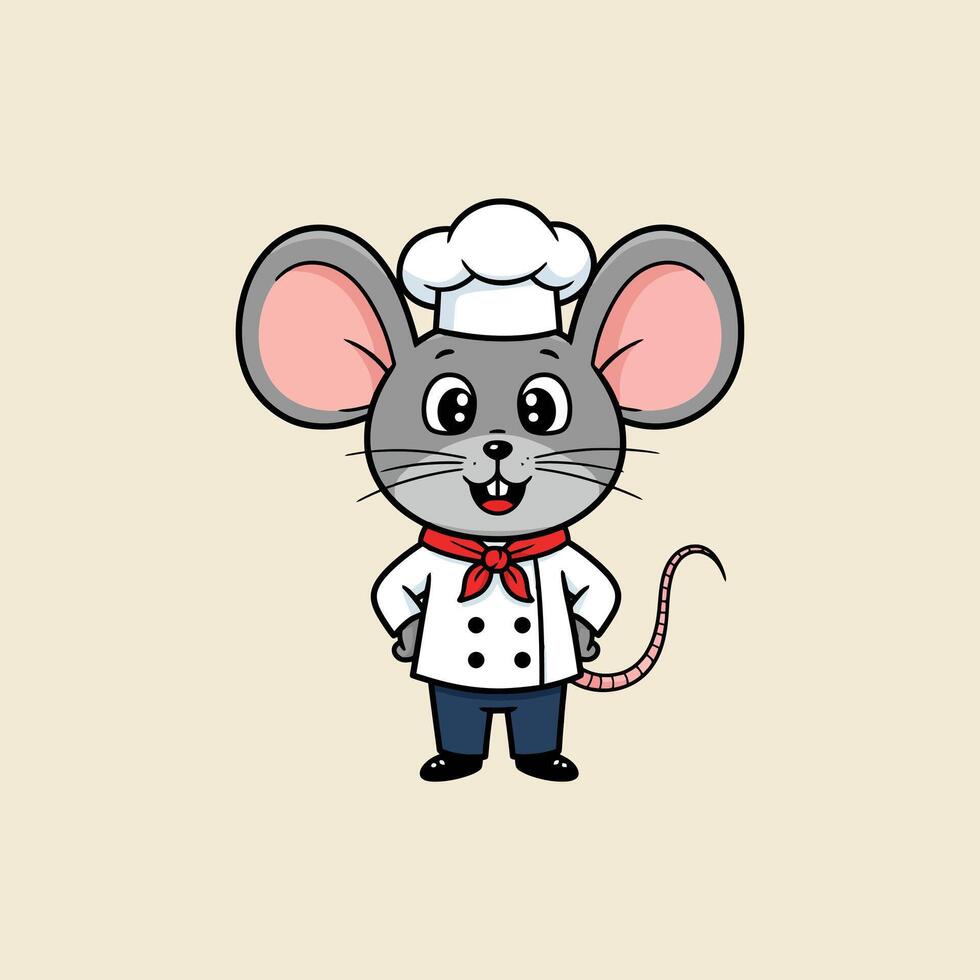 A cute cartoon mouse, dressed as a chef, smiles warmly. Its white chef's uniform and red neckerchief add to its charming appeal. A sweet and cheerful image vector