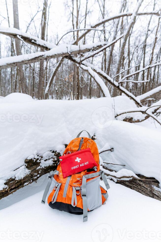 A backpack that contains a wellstocked first aid kit is currently sitting quietly in the thick blanket of fresh, white snow, waiting for someone to come across it in the winter wilderness photo