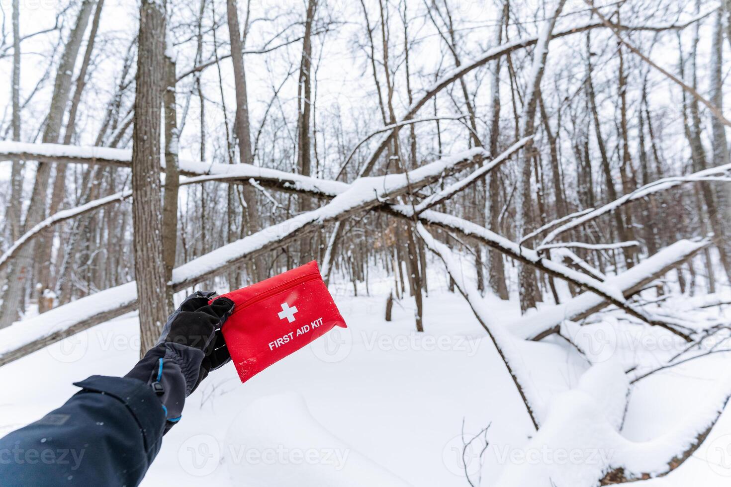 A person is currently holding a first aid kit while standing in the snow, surrounded by a picturesque winter landscape. The chill of the freezing air is noticeable on the snowy slope photo