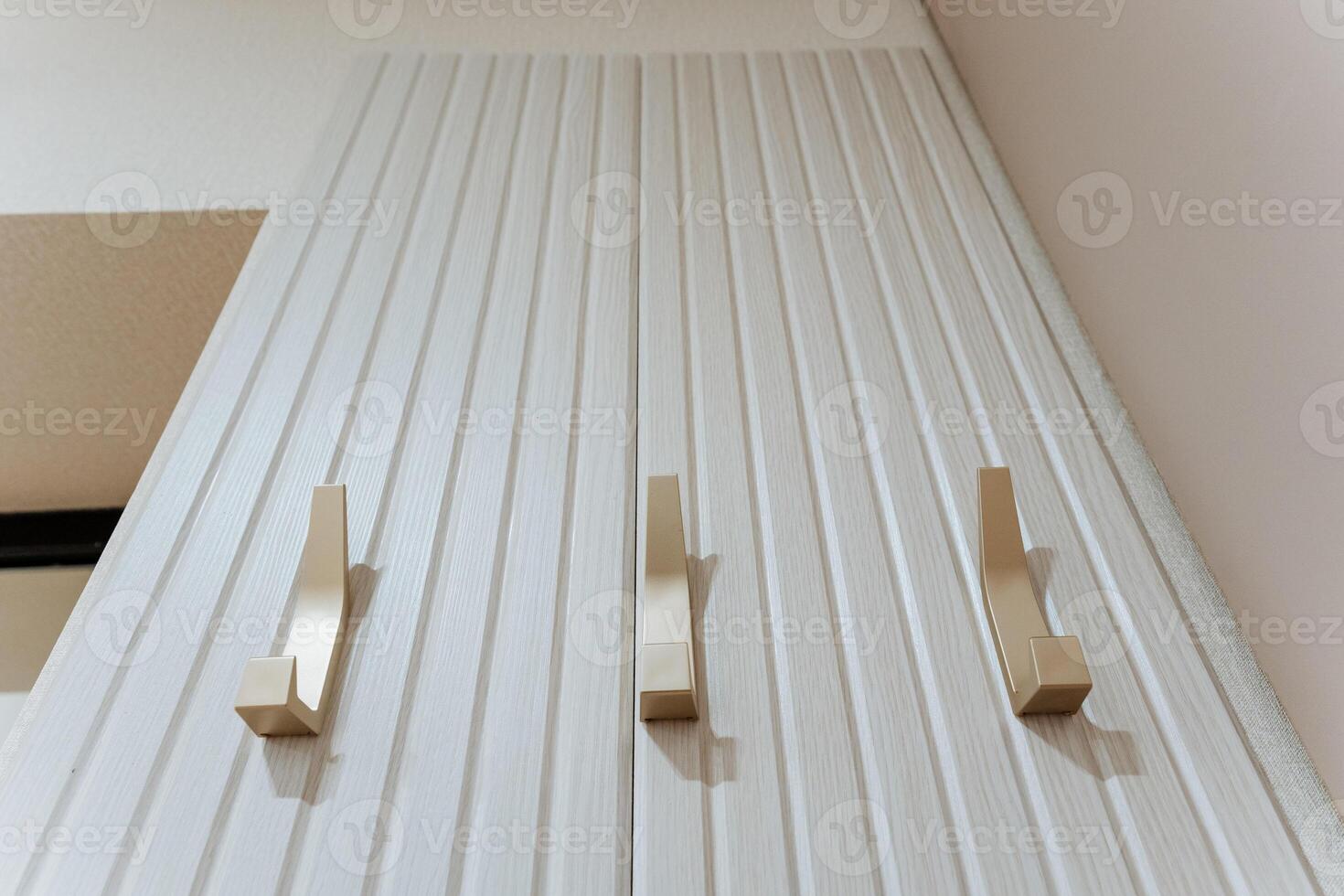 A white wall with a row of hooks on it photo