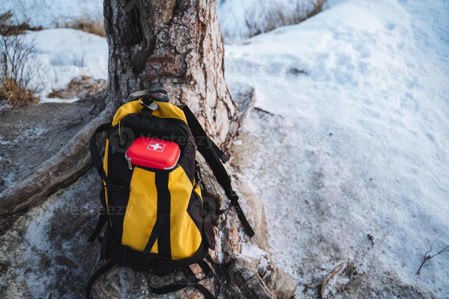 A bright yellow backpack, which contains a neatly organized red first aid kit, leans against a sturdy tree while surrounded by a beautiful blanket of powdery snow in the chilly winter air photo