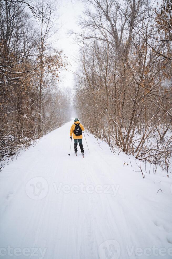A person is skillfully skiing down a beautiful, snowcovered path that winds through the peaceful woods, enjoying the thrill of winter sports and the stunning scenery around them photo
