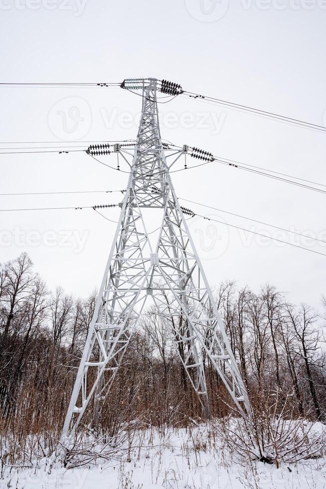 A majestic power structure stands out in a tranquil winter scene, surrounded by shimmering snow and elegant trees, creating a stunning visual contrast that captivates the imagination photo