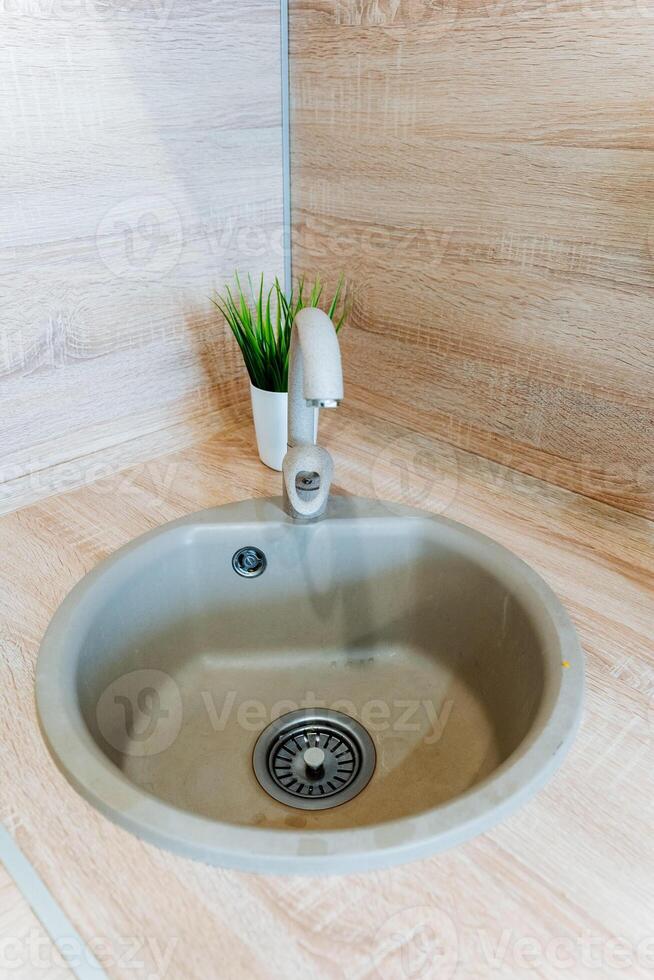 A bathroom sink with a faucet and a potted plant on the counter photo