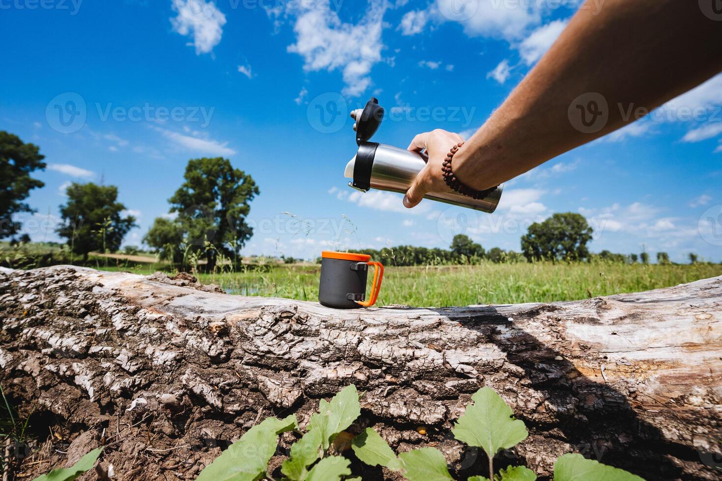 In a peaceful natural setting, someone is pouring water from a thermos into a cup placed on a log, surrounded by trees and greenery. The atmosphere is serene and tranquil photo