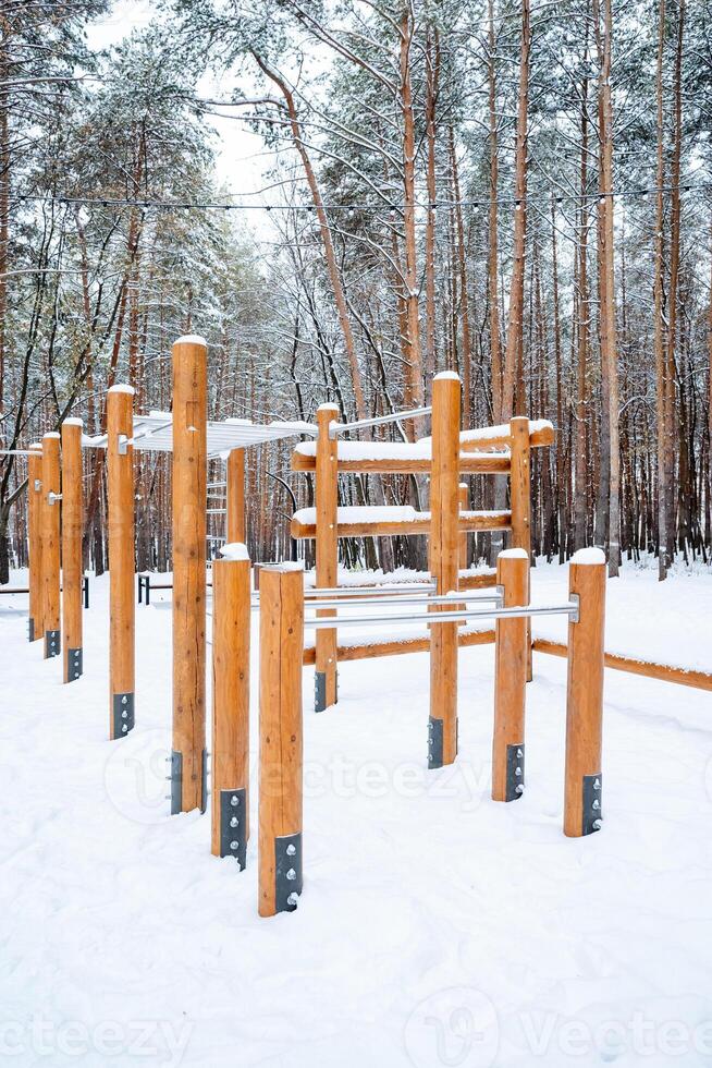 In a winter wonderland, a beautiful wooden playground rests in the snow, surrounded by tall trees, creating an ideal spot for children to play, laugh, and explore their imagination photo