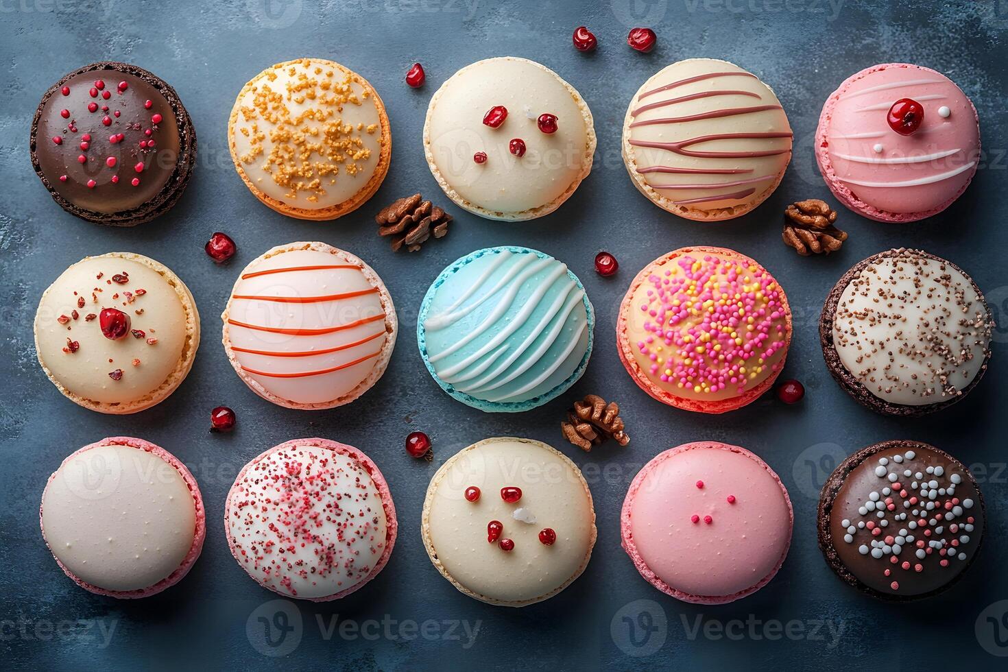 Assorted Colorful Macarons with Sprinkles and Nuts on Textured Background for Culinary Art photo