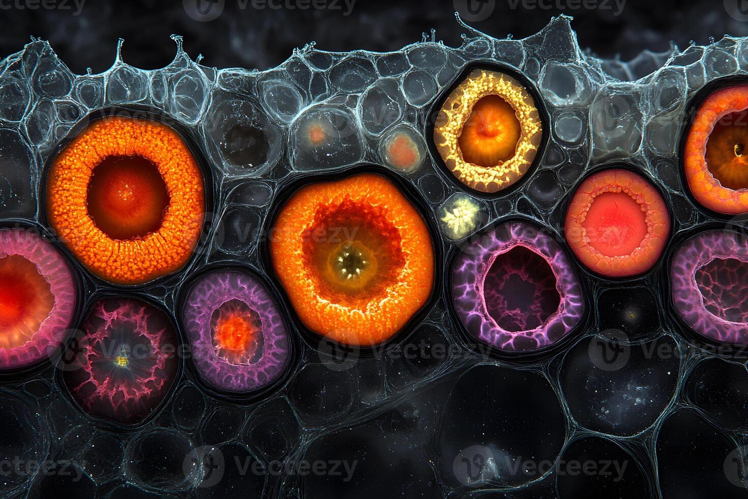 Microscopic Cellular Structure Featuring Vibrant Cross-Sections of Plant Cells photo