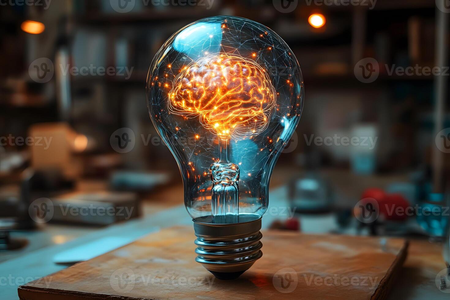 Innovation and Creativity Concept with Brain Light Bulb in Workshop Setting photo