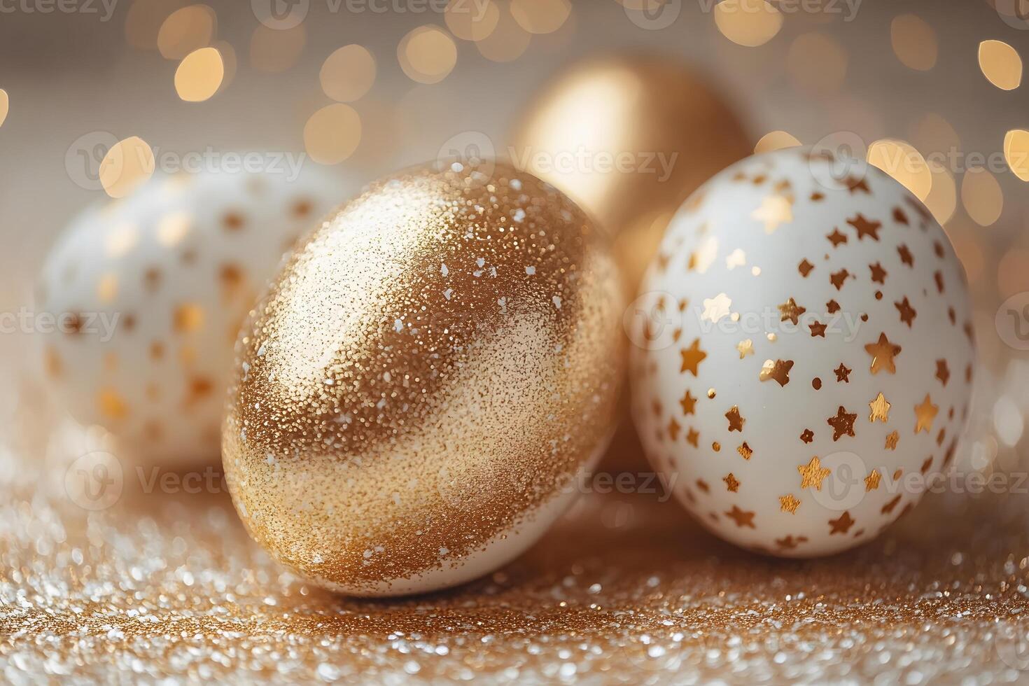 Elegant Glittering Easter Egg Design with Gold and White Patterns for Festive Decor photo