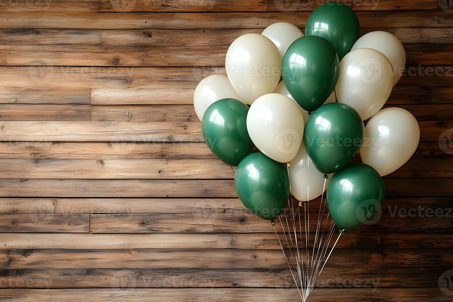 Rustic Celebration Scene with Green and White Balloons for Event Decor and Design photo
