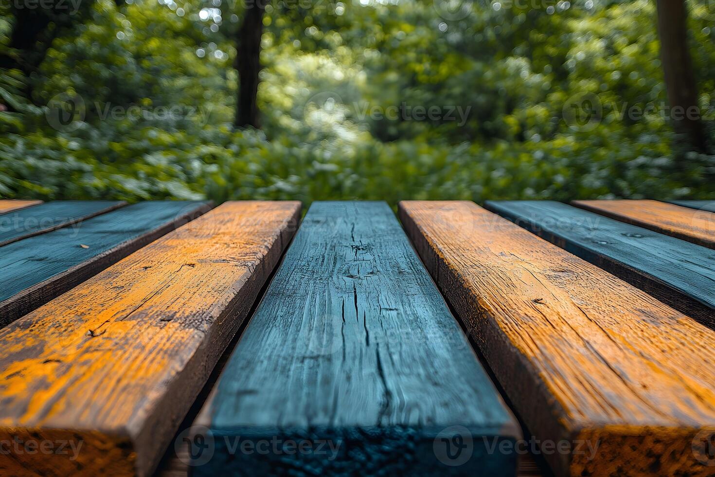 Colorful Wooden Planks in Serene Forest Setting for Nature Background photo