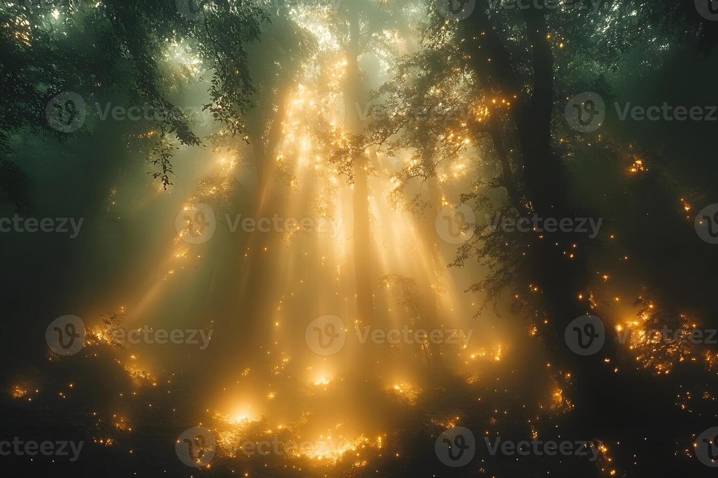 Enchanted Forest with Mystical Sunlight Rays and Fireflies - Nature Photography for Posters photo