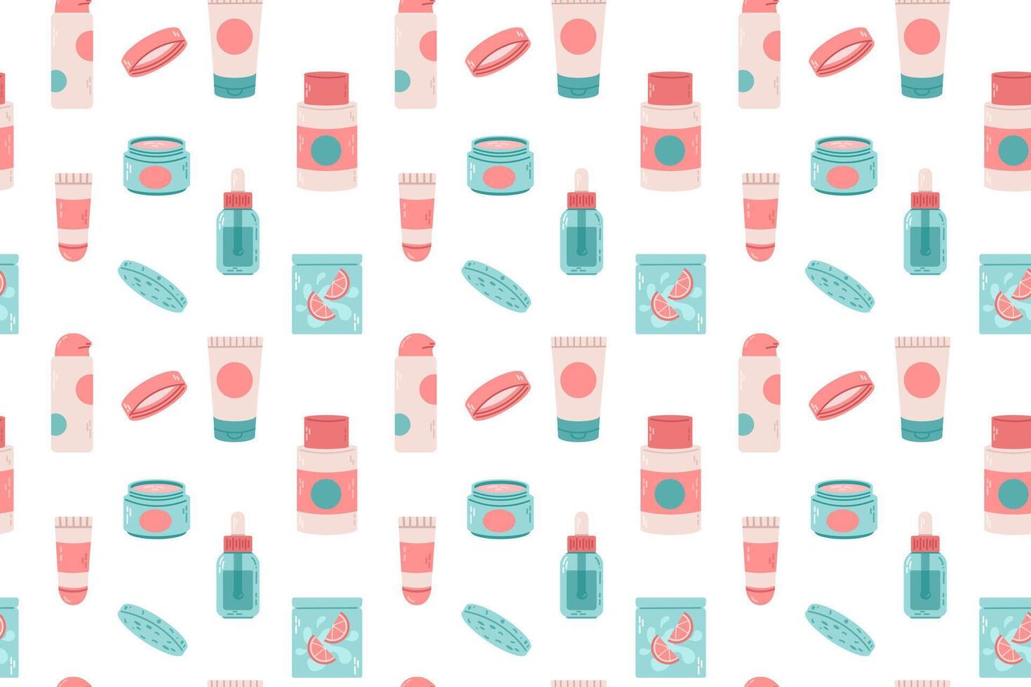Seamless pattern of skincare products, including jars, bottles, and creams in soft pastel tones. Perfect for beauty-themed designs, wrapping paper, or backgrounds vector