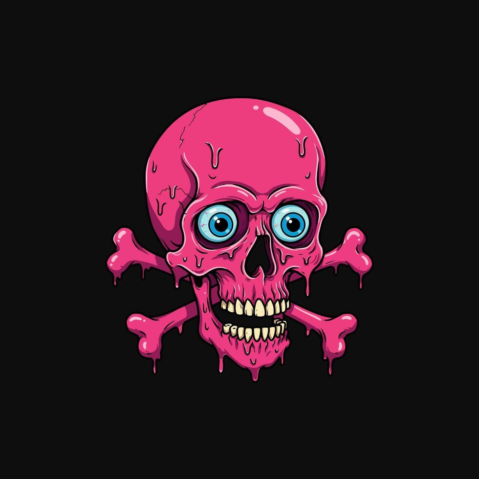 A playful pink skull, dripping with a glossy sheen, grins mischievously amidst crossed bones. Its big, wide eyes add a touch of cartoonish charm to this darkly whimsical piece. vector