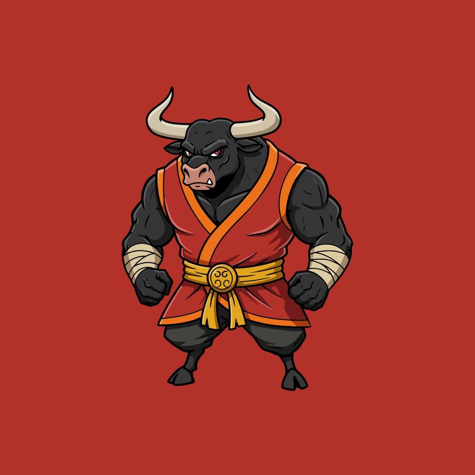 A strong black bull, clad in a vibrant red kimono, stands defiantly. His powerful stance and intense gaze create a dramatic, fierce mood. vector