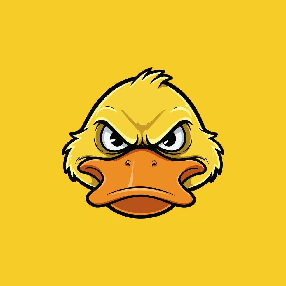 A grumpy duck stares intensely, its orange beak and yellow feathers sharply contrasting against a bright yellow background. The cartoonish style creates a bold and humorous mood. vector
