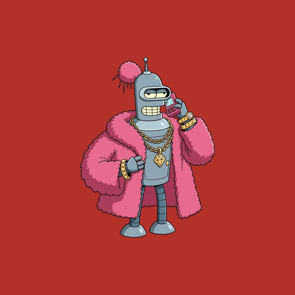 A sassy robot, Bender, rocks a pink fur coat and gold chains while chatting on a flip phone. The vibrant colors and playful style create a fun, humorous mood. vector
