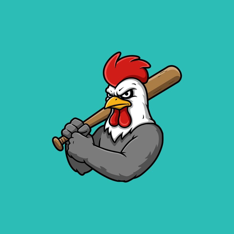 A tough rooster, gripping a baseball bat, stares intensely. Strong, cartoonish style, vibrant colors, and a powerful mood. vector