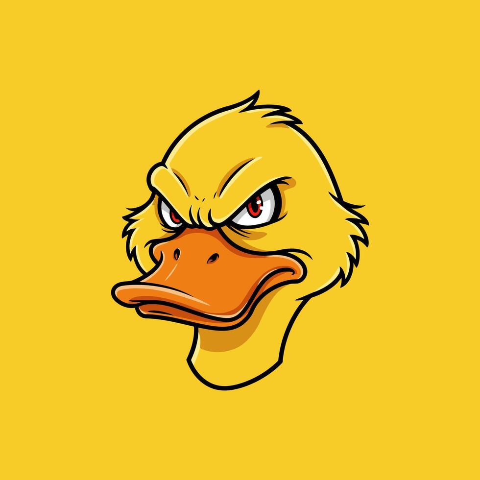 A fierce duck stares intensely, its bright red eyes and furrowed brow conveying a powerful, almost menacing presence. The vibrant yellow and orange tones create a bold, cartoonish aesthetic. vector