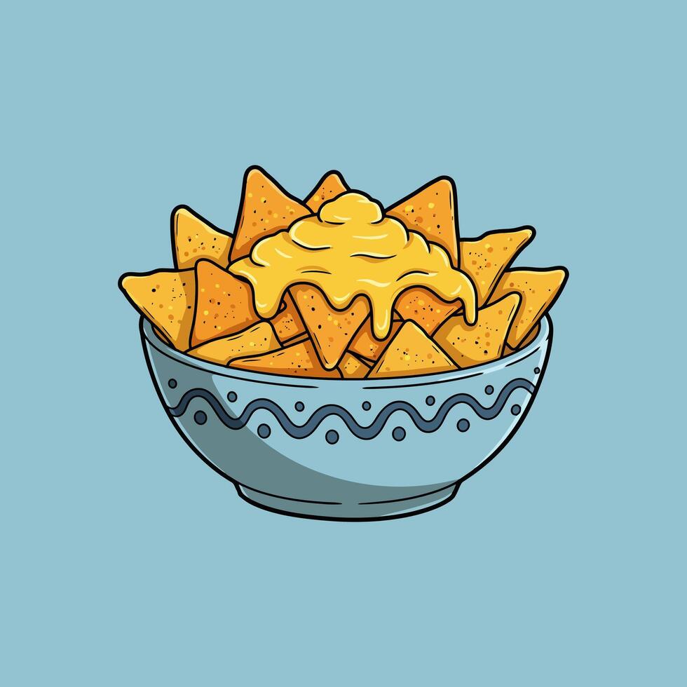 A bowl of crispy nachos, generously topped with melted cheese, creates a mouthwatering cartoon scene. The vibrant colors and playful style evoke a sense of fun and deliciousness. vector