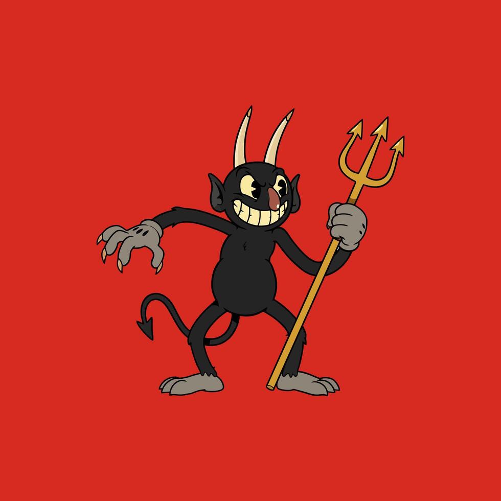 A grinning cartoon devil, horns and tail prominent, wields a golden trident against a bold red backdrop. A playful yet slightly menacing vintage feel. vector