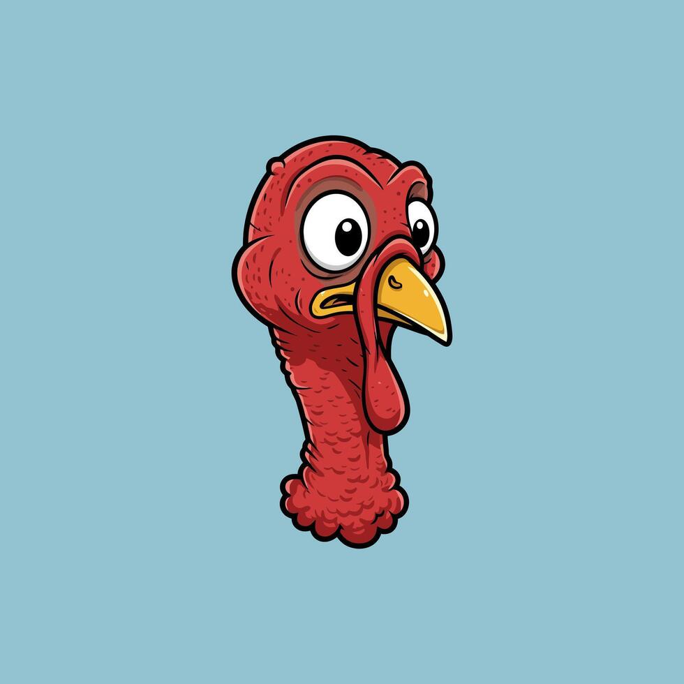 A whimsical cartoon turkey head pops out, its wide eyes and bright red neck creating a fun, quirky image. The simple style adds to its charm. vector