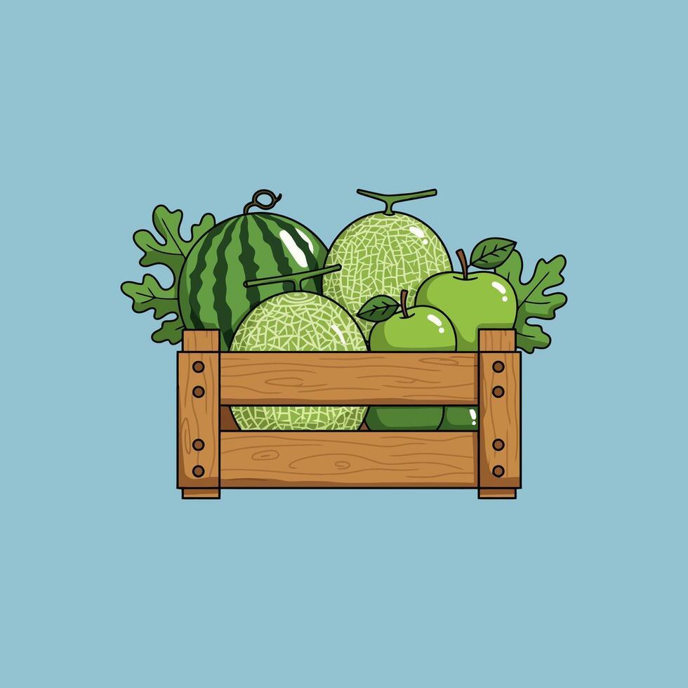 A cheerful wooden crate overflows with juicy watermelon, cantaloupes, and crisp green apples, radiating summer freshness and a delightful harvest mood. vector