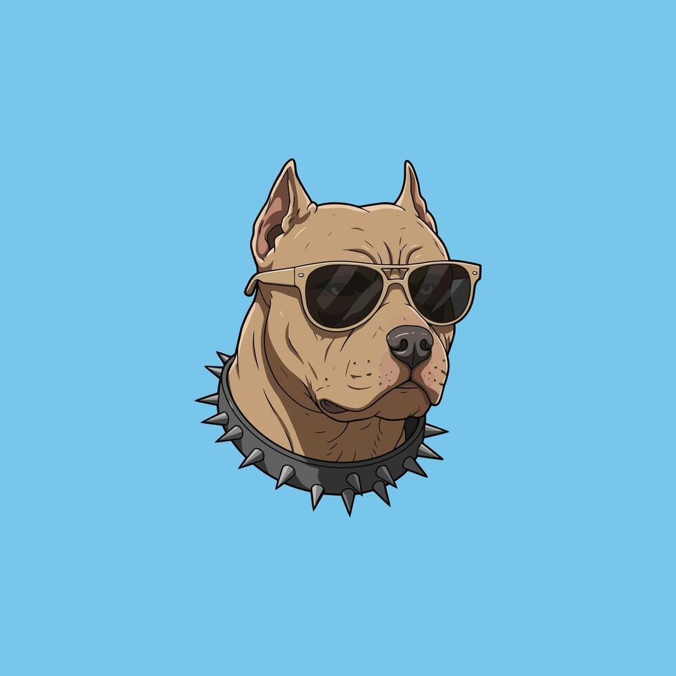 A stylish pitbull, sporting cool shades and a studded collar, stares intensely. The illustration's bold lines and muted colors create a strong, confident mood. vector