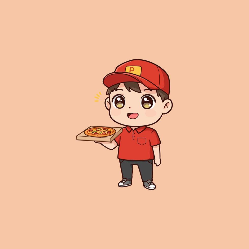 A cute chibi-style pizza delivery boy beams, proudly presenting a delicious pizza. His red uniform and happy expression create a warm, inviting scene. vector