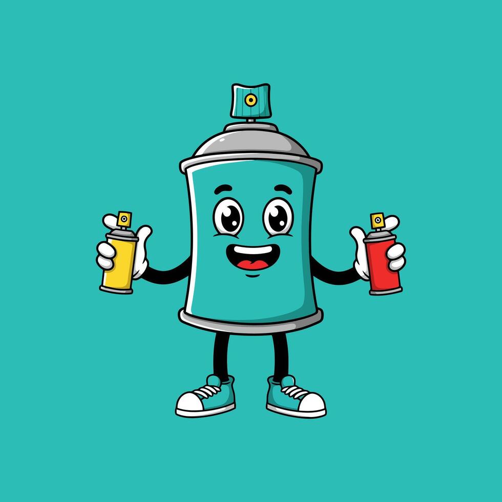 A cheerful teal spray paint can character holds yellow and red cans, radiating joy and playful energy. The vibrant colors and cartoon style create a fun, happy mood. vector
