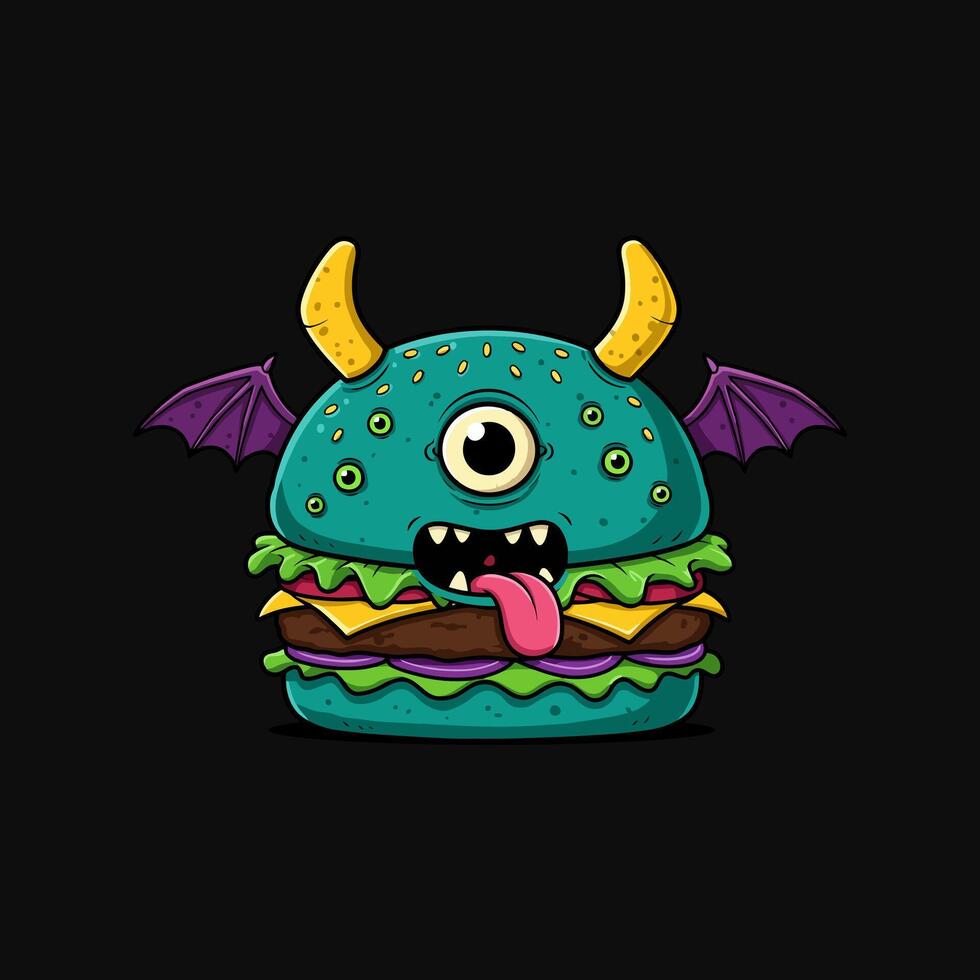 A mischievous cyclops burger monster with devilish wings grins playfully. Its vibrant teal bun and colorful fillings create a fun, spooky vibe. vector