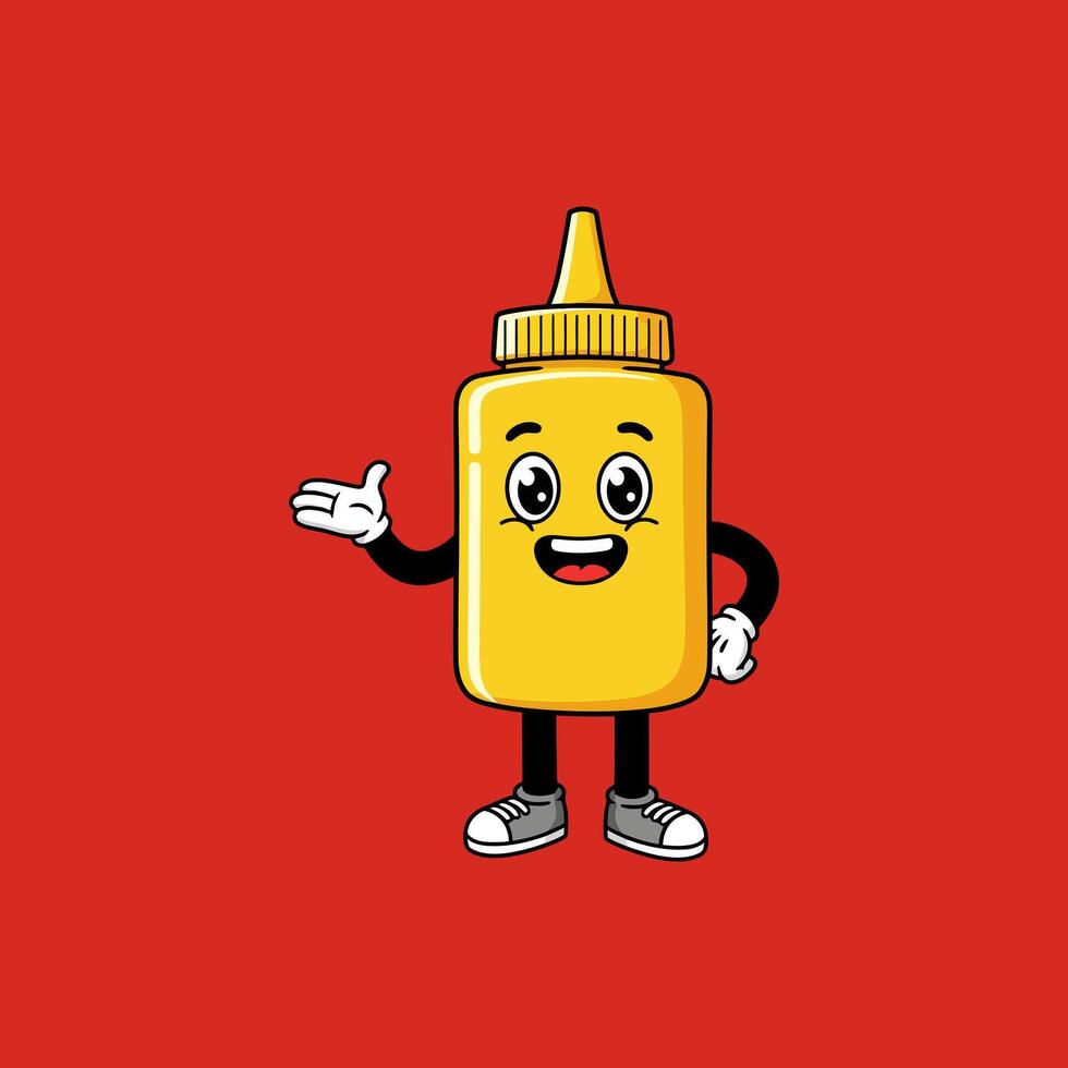 A cheerful yellow mustard bottle cartoon character smiles and gestures, set against a vibrant red background. Its friendly expression and welcoming pose create a playful, appetizing mood. vector