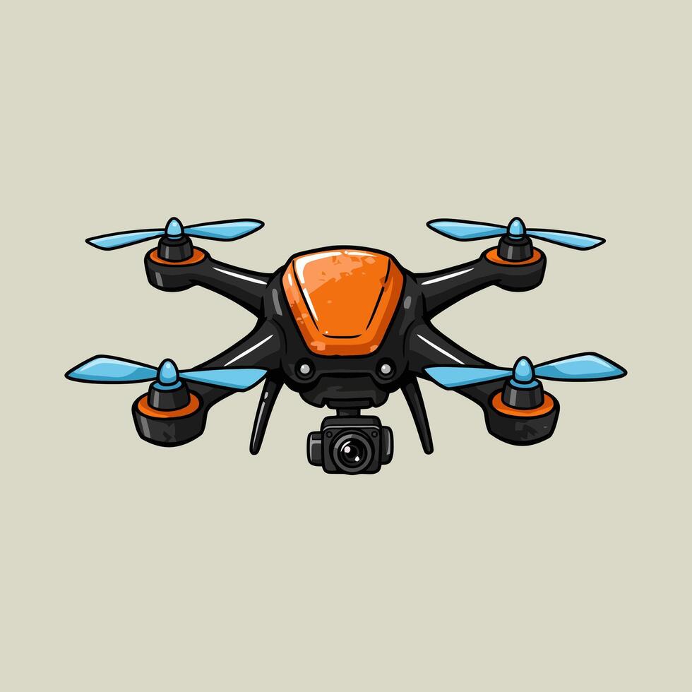 A captivating cartoon drone, sporting a vibrant orange body and sleek black arms, hovers with its camera poised. Its light blue propellers add a pop of color, creating a fun, energetic vibe. vector