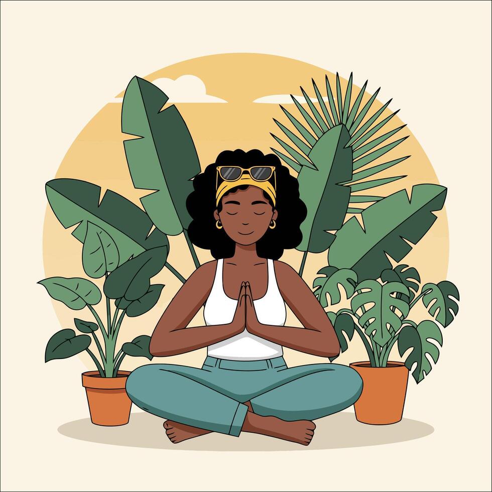 Find inner peace with this image of a woman peacefully meditating amidst vibrant tropical plants. The calm mood and serene setting create a tranquil atmosphere. vector