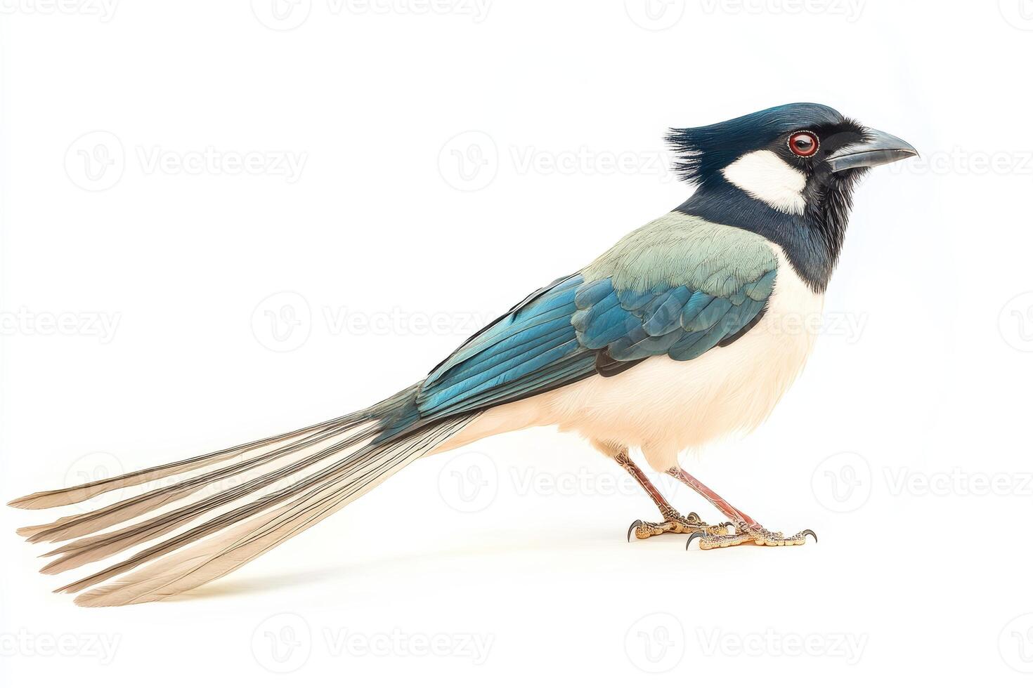 Elegant Blue and White Bird with Long Tail Feathers Perched on a Branch Against a White Background photo