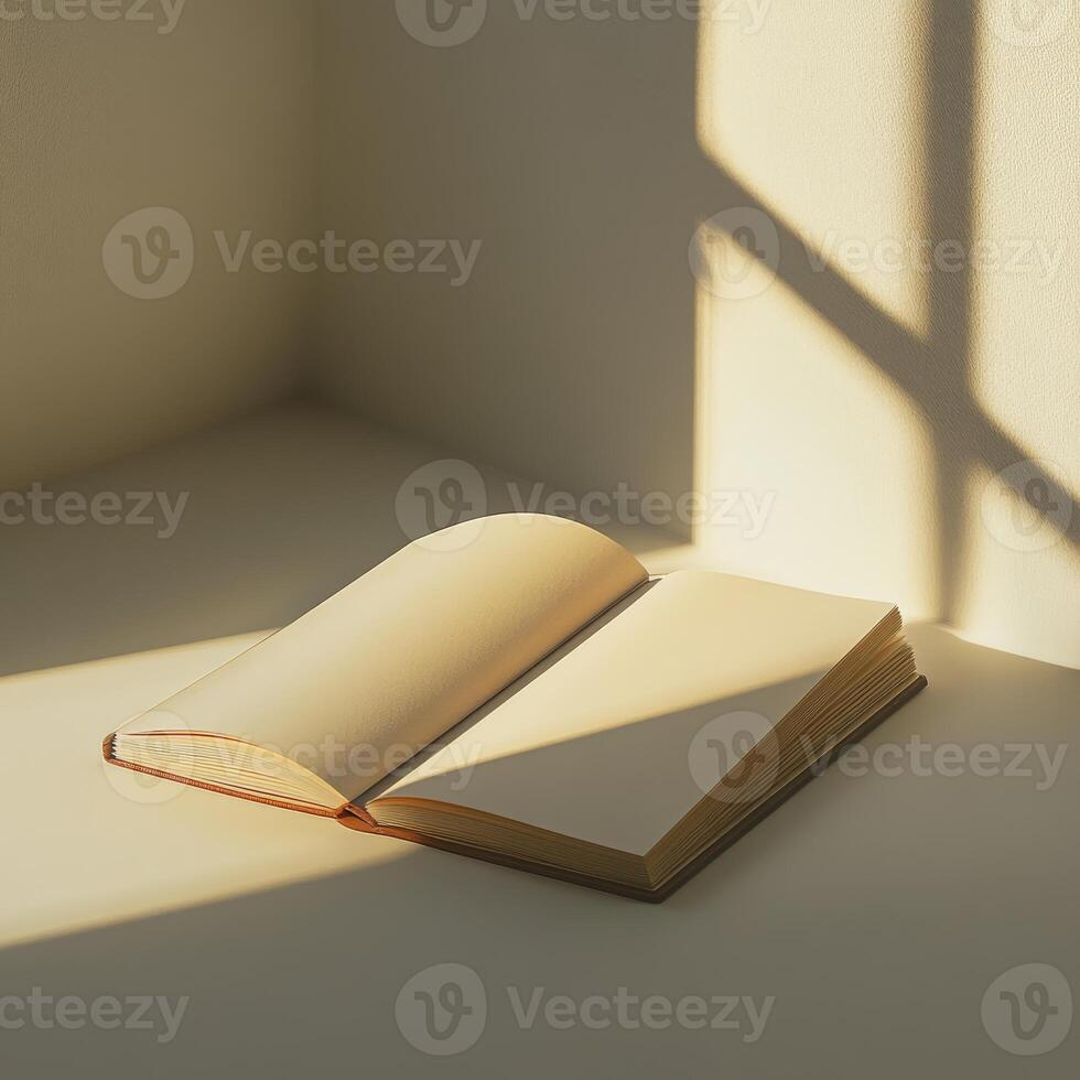 A book is open to a page with a sun shining photo