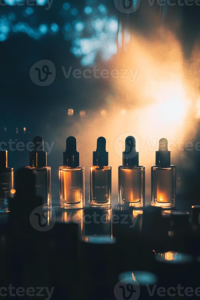 A row of small bottles of perfume are lined up on a table photo