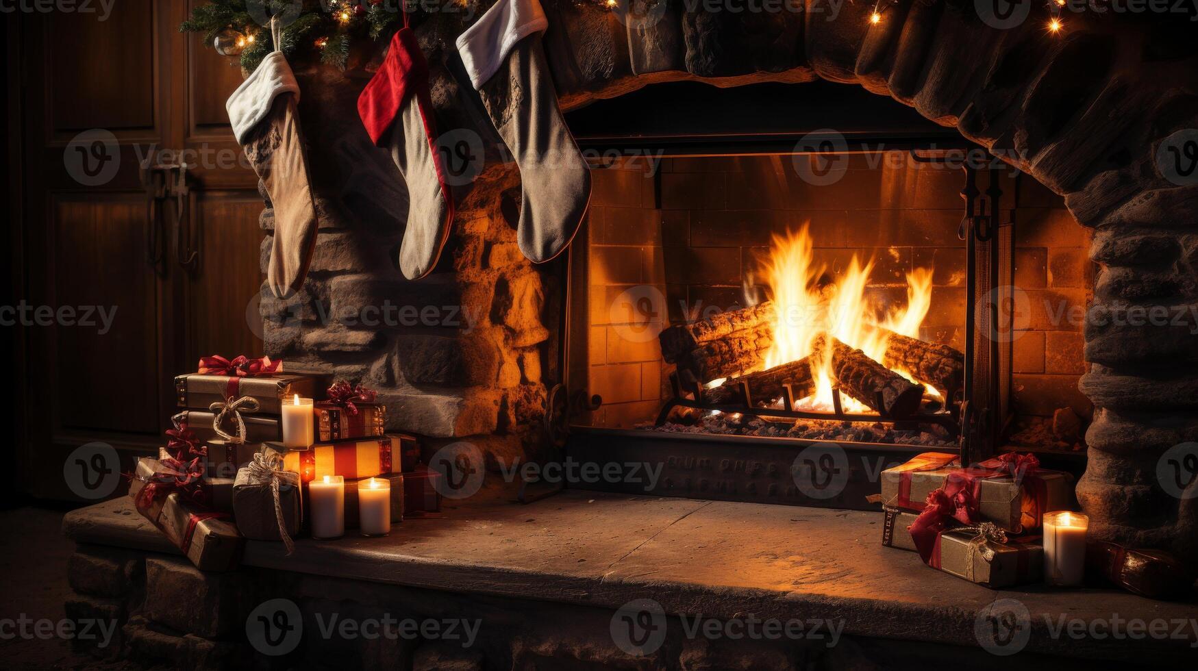 A fireplace with a mantle and a Christmas tree photo
