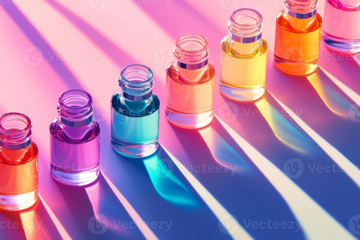 A row of colorful bottles of nail polish sit on a table photo