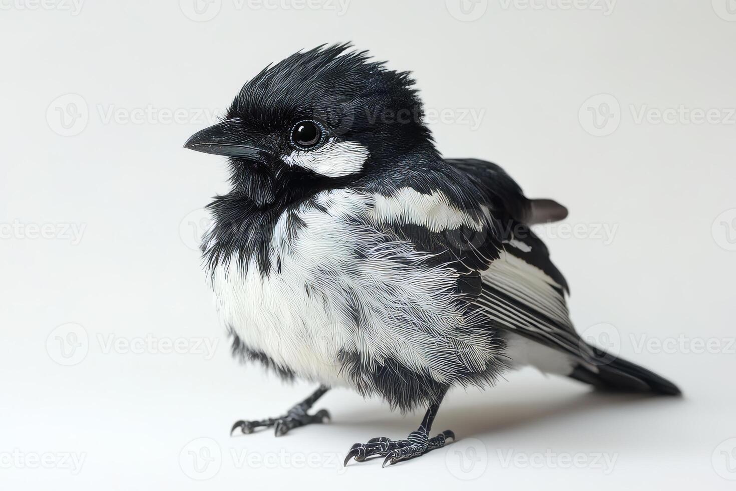 Close-up Portrait of a Black and White Bird with Fluffy Feathers on a Neutral Background photo
