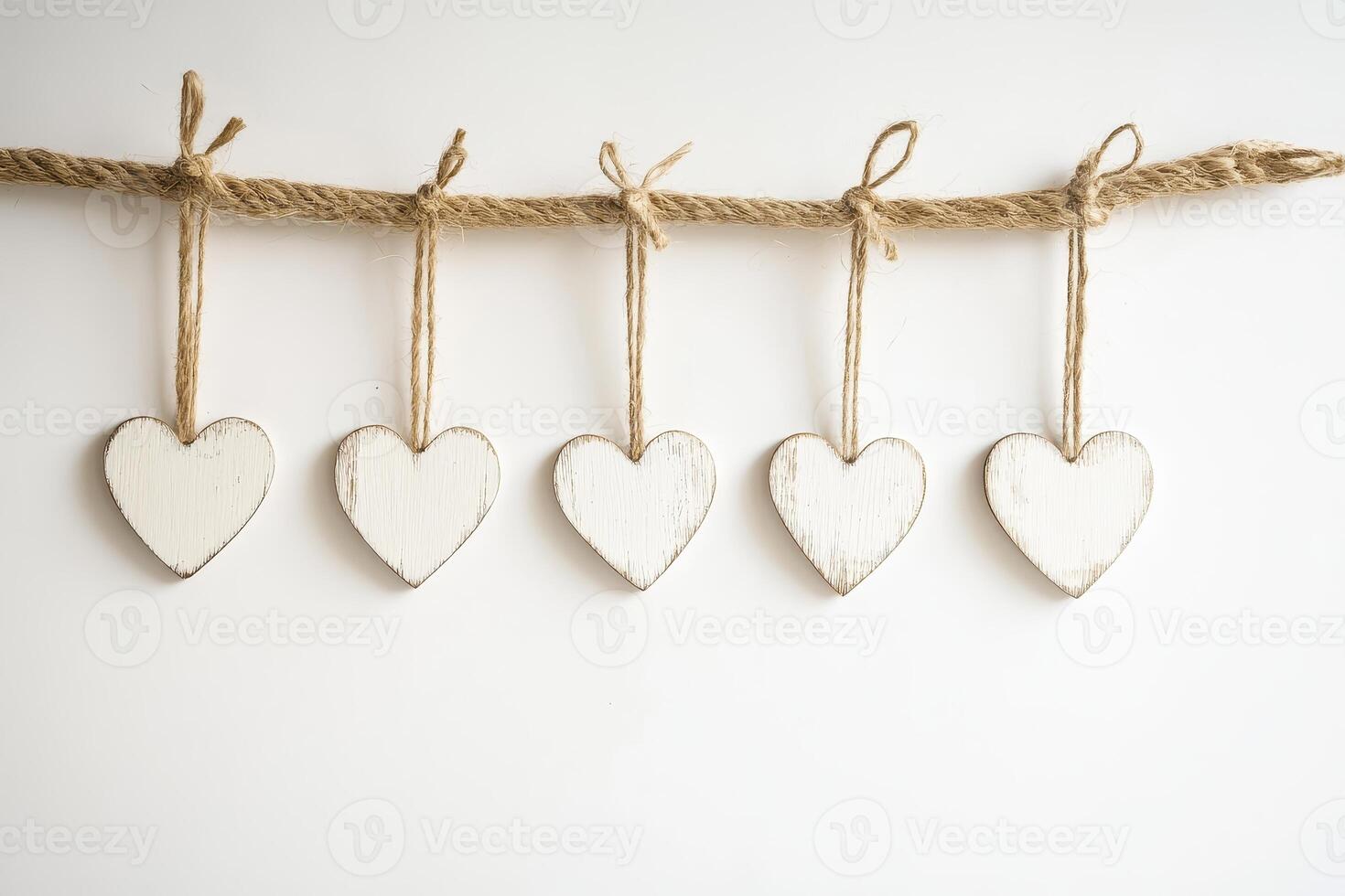 Rustic White Wooden Hearts Hanging on Twine Against a Minimalist White Background photo