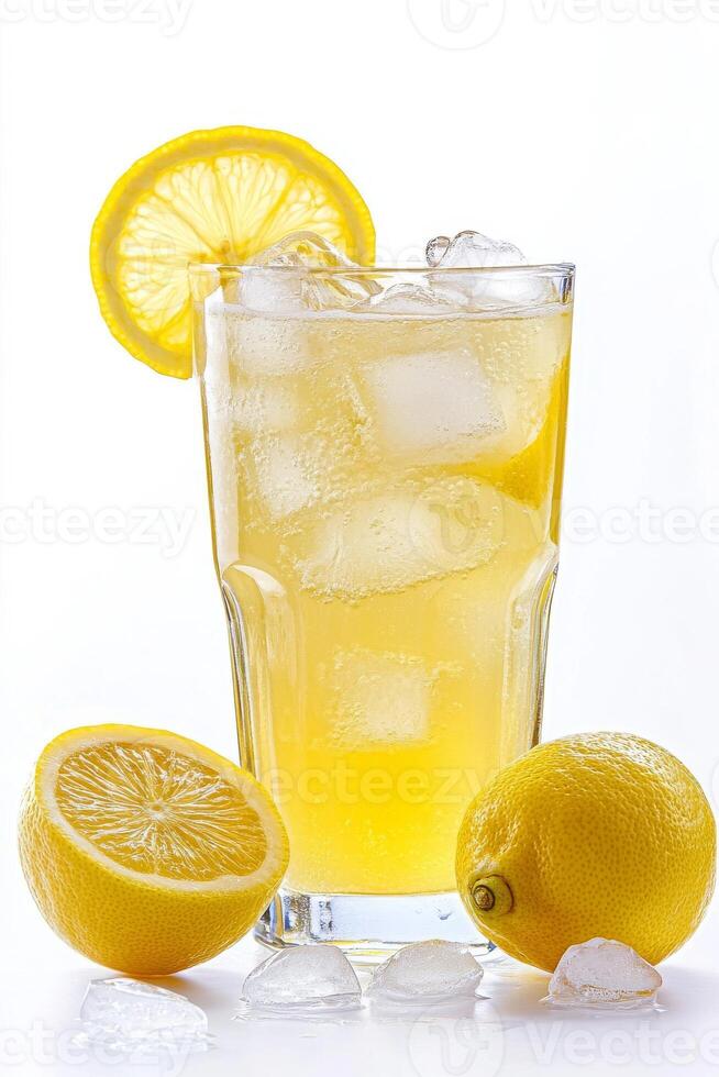 A glass of lemonade with ice cubes and a slice of lemon on the side photo