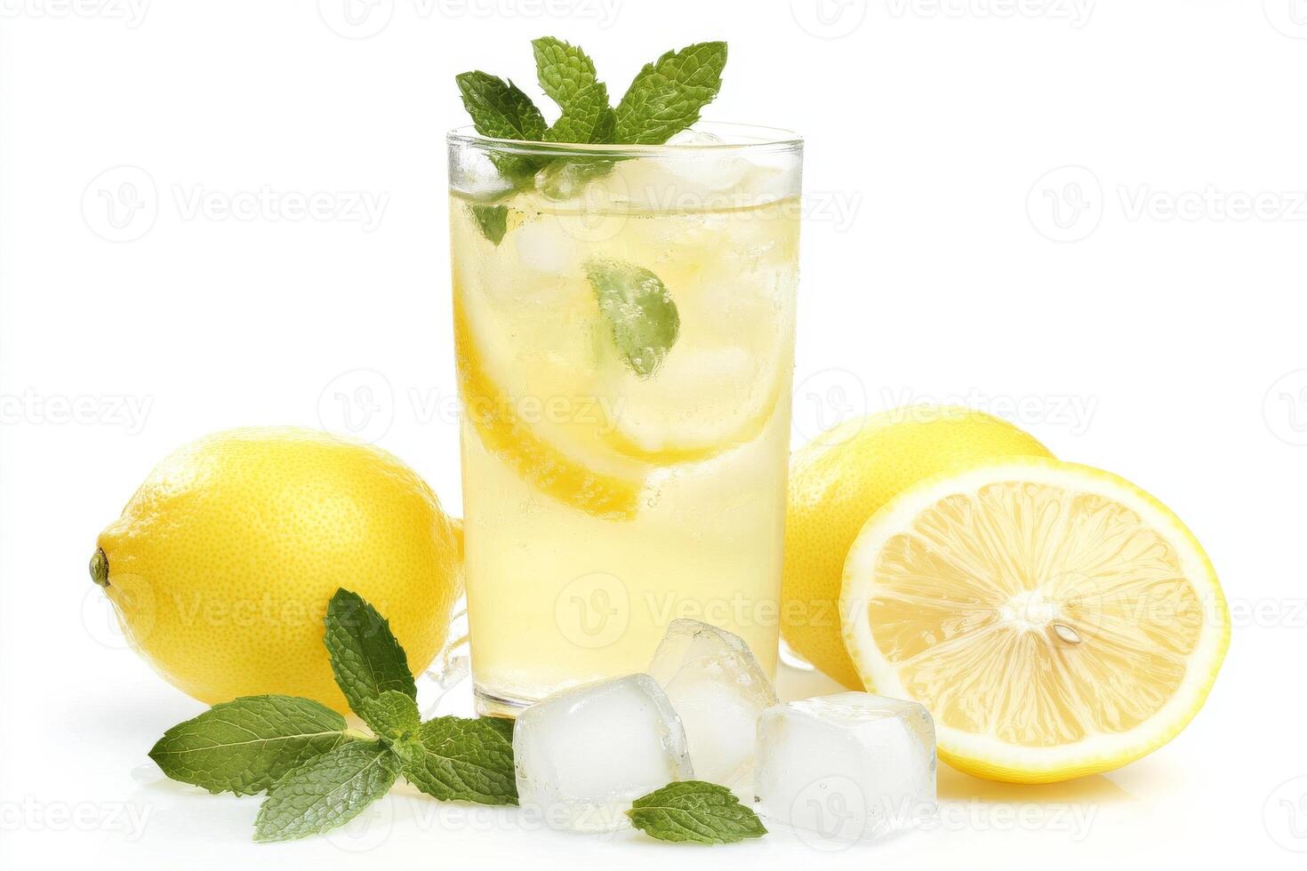A glass of lemonade with ice cubes photo