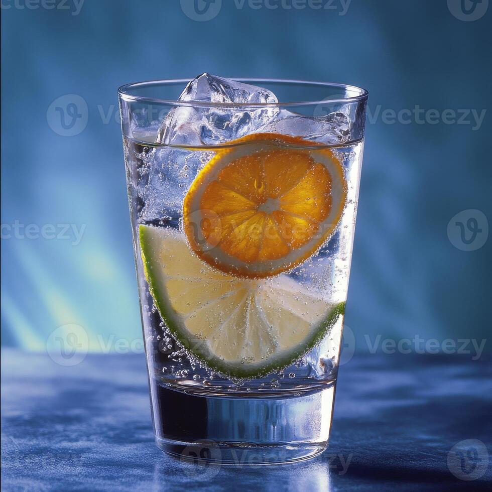 A glass of water with a lime wedge in it. photo