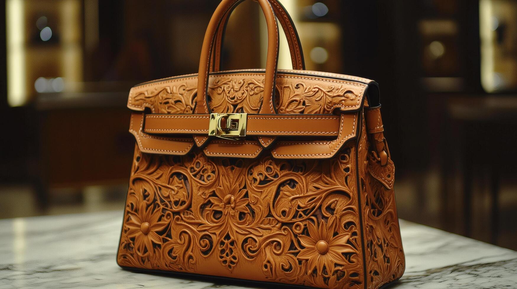A brown leather handbag with intricate designs photo