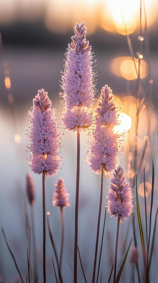 Pink flowers sunset lake nature background photo