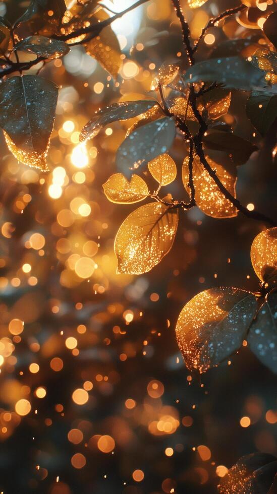 Golden autumn leaves, glistening with dew, backlit by sunlight, blurred bokeh background, nature photography photo